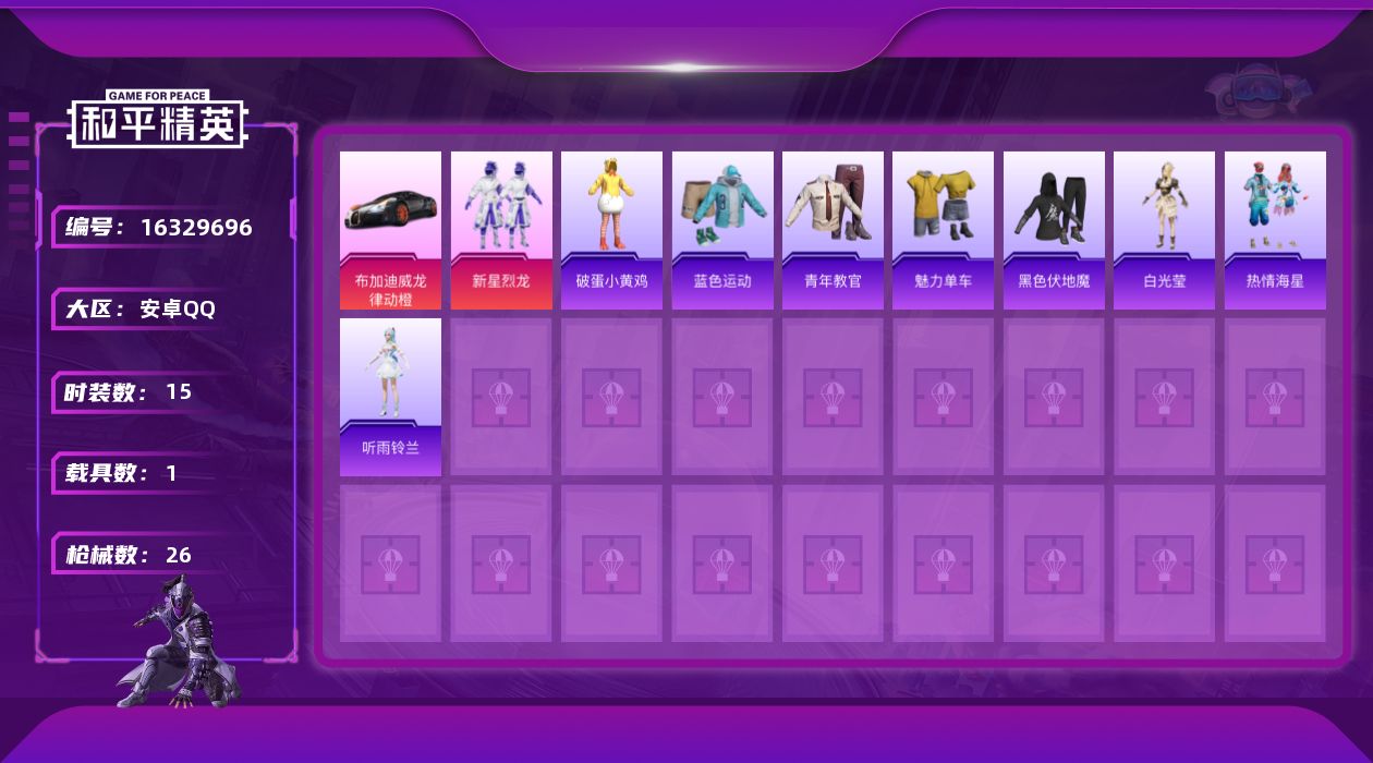 和平精英账号安卓QQ[16329696]【特价出售/店主推荐】安卓 手Q-1粉装-1特效枪-1载具-0粉色飞行器-7720热力值-1王牌印记-15套装-26枪皮
【粉色套装】：粉装-新星烈龙
【粉色载具】：布加迪威龙（律