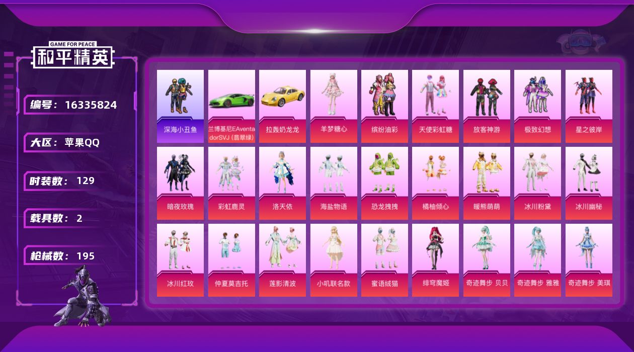 和平精英账号苹果QQ[16335824]【特价出售/店主推荐】苹果 手Q-无敌战神框-25粉装-20特效枪-2载具-8粉色飞行器-75143热力值-14王牌印记-129套装-195枪皮
【热门品类】：粉装-缤纷油彩，套装