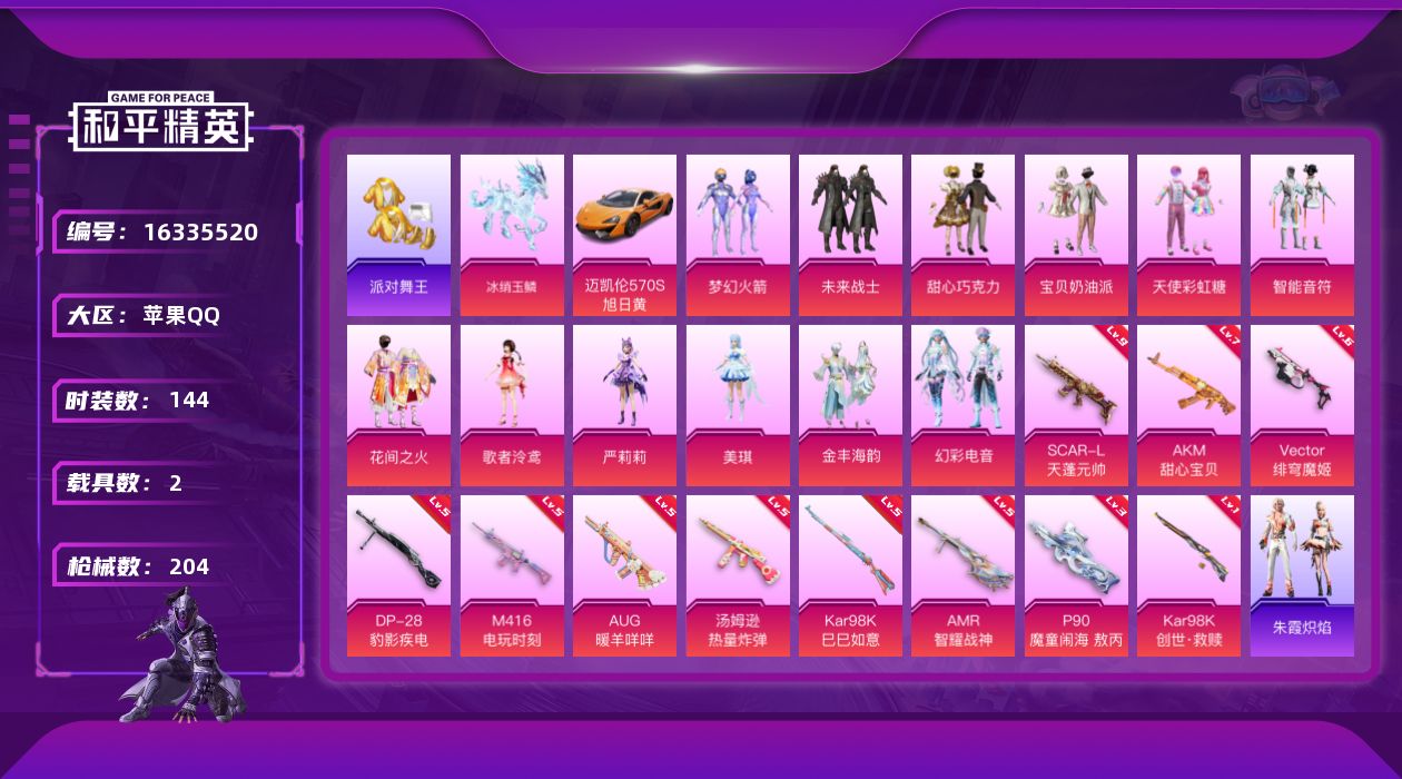 和平精英账号苹果QQ[16335520]【店主推荐捡漏号！可直接换绑】苹果 手Q-无敌战神框-12粉装-11特效枪-2载具-4粉色飞行器-70427热力值-14王牌印记-144套装-204枪皮
【热门品类】：粉装-梦幻火