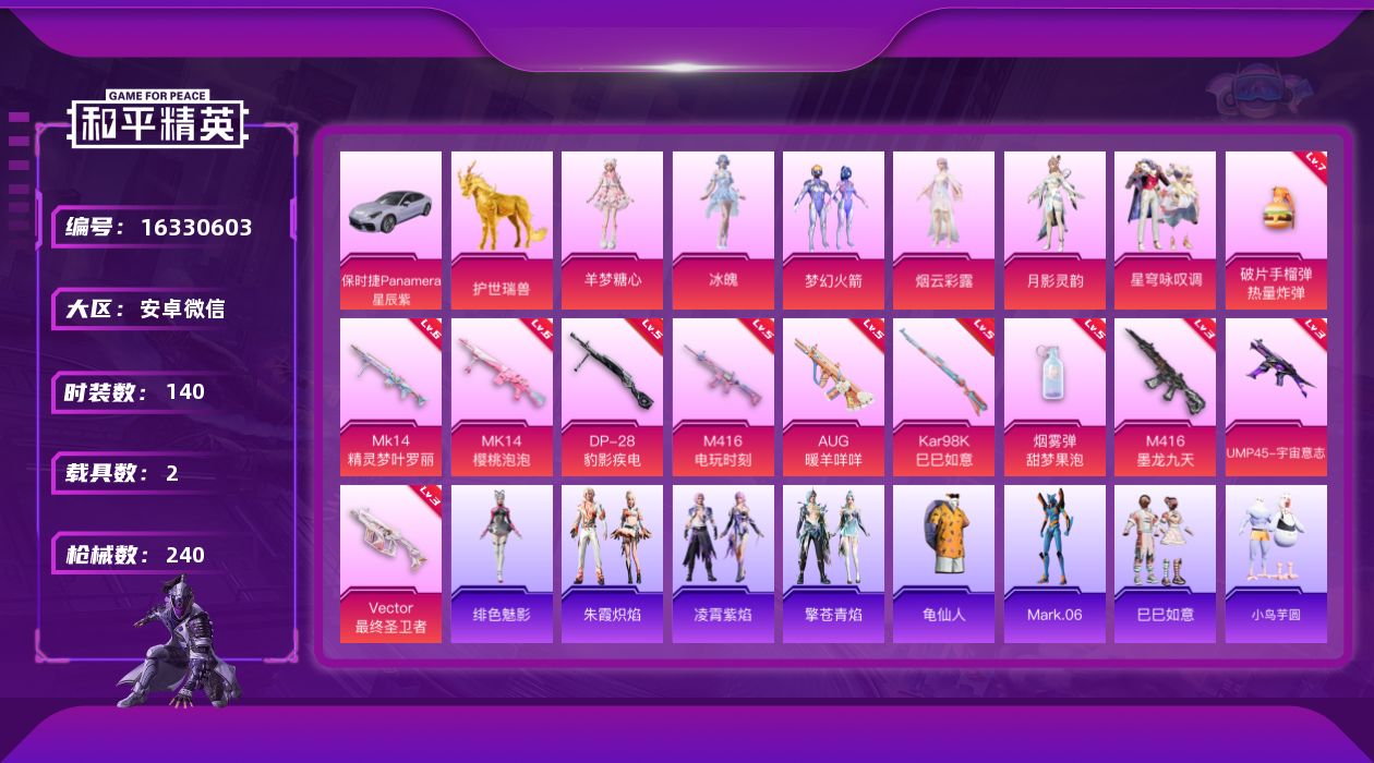 和平精英账号安卓微信[16330603]【特价出售/店主推荐】安卓 微信-6粉装-11特效枪-2载具-11粉色飞行器-8.2w热力值-15王牌印记-140套装-240枪皮
【热门品类】：粉装-梦幻火箭，套装-龟仙人，角色