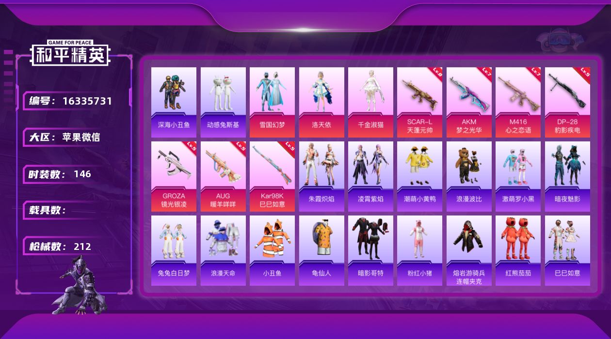 和平精英账号苹果微信[16335731]可二次【特价出售/店主推荐】苹果 微信-无敌战神框-3粉装-7特效枪-0载具-3粉色飞行器-63541热力值-15王牌印记-146套装-212枪皮
【热门品类】：粉装-雪国幻梦，套