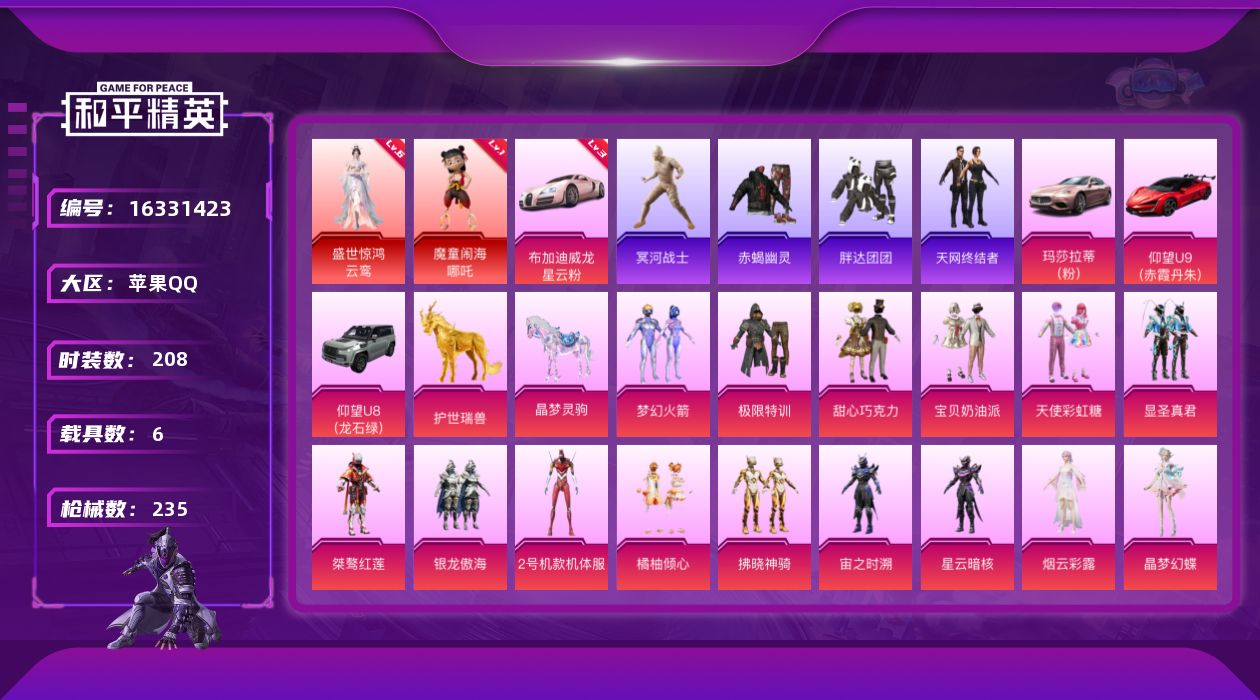 和平精英账号苹果QQ[16331423]2套6级红可以随意切换等级 背包有一个枪械升级徽章【特价出售/店主推荐】苹果 手Q-2神装-15粉装-18特效枪-6载具-7粉色飞行器-101741热力值-13王牌印记-208套装