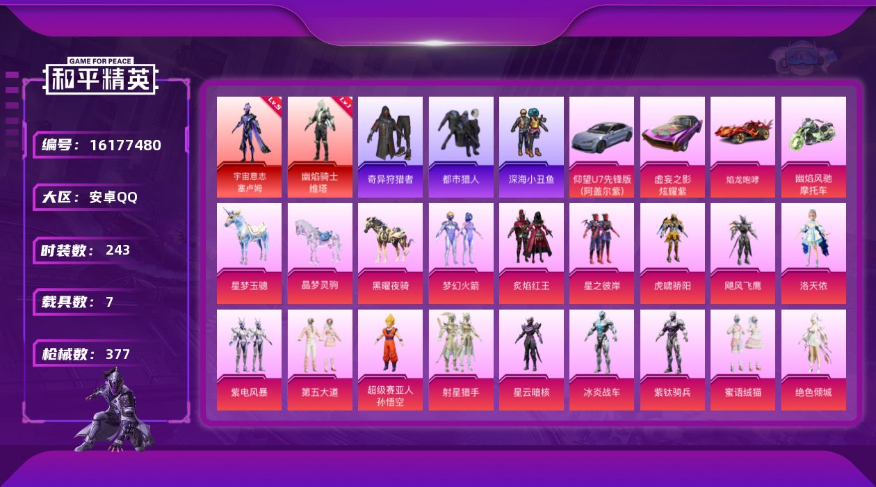 和平精英账号安卓QQ[16177480]DAS9668-（可二次） 安卓Q-幽焰骑士-维塔 (1级) 宇宙意志-塞卢姆 (5级) 奇异狩猎者 都市猎人 梦幻火箭 千金淑猫 洛天依 AKM-幽焰骑士 (3级) Kar98K