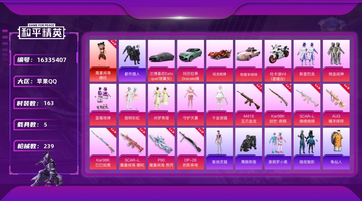 和平精英账号苹果QQ[16335407]【特价出售/店主推荐】苹果 手Q-1神装-7粉装-8特效枪-5载具-5粉色飞行器-8.3w热力值-17王牌印记-163套装-239枪皮
【红色神装等级】：魔童闹海-哪吒(二级)
【