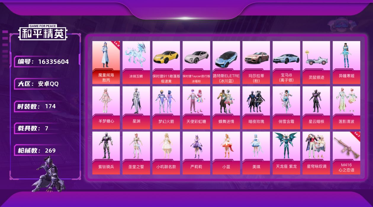 和平精英账号安卓QQ[16335604]【店主推荐捡漏号！可直接换绑】安卓 手Q-1神装-18粉装-14特效枪-7载具-7粉色飞行器-103857热力值-11王牌印记-174套装-269枪皮【红色神装等级】：魔童闹海-敖