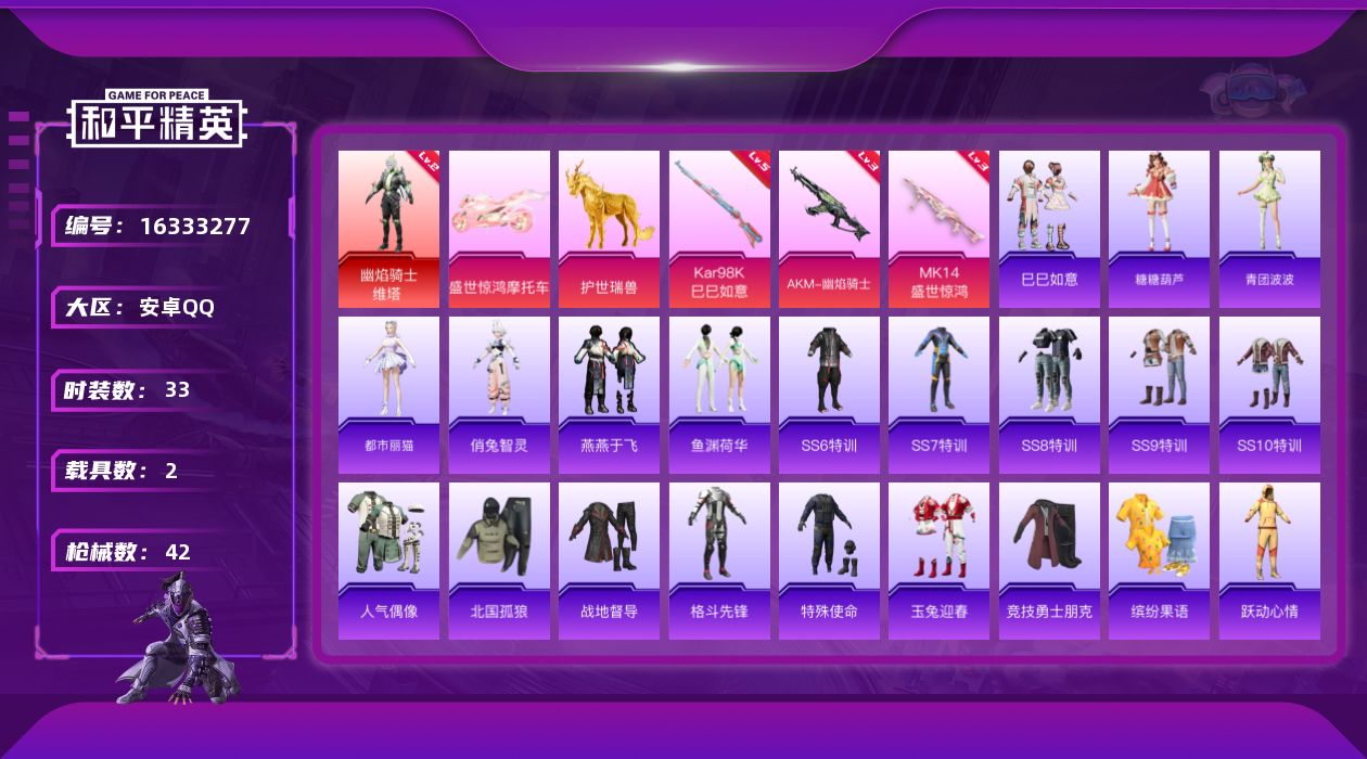 和平精英账号安卓QQ[16333277]【店主推荐捡漏号！可直接换绑】安卓 手Q-1神装-0粉装-3特效枪-2载具-5粉色飞行器-19404热力值-2王牌印记-33套装-42枪皮【红色神装等级】：幽焰骑士-维塔(二级)【