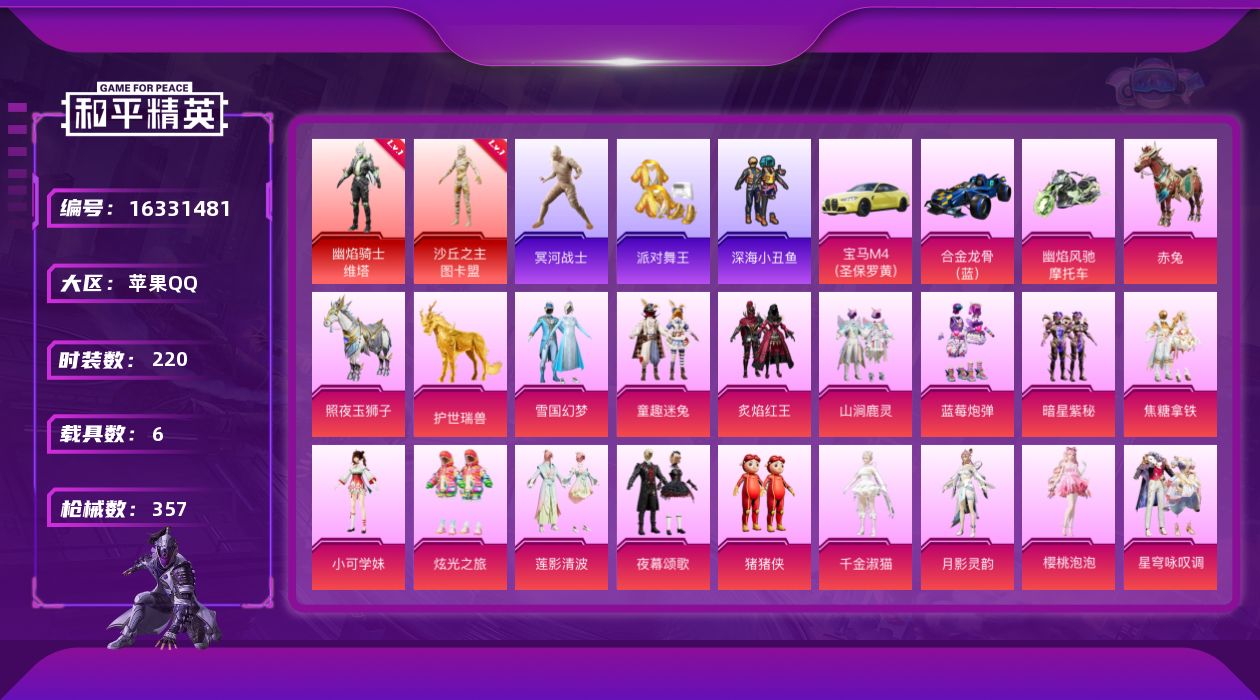 和平精英账号苹果QQ[16331481]9级ak幽焰骑士【特价出售/店主推荐】苹果 手Q-2神装-18粉装-20特效枪-6载具-13粉色飞行器-129233热力值-18王牌印记-220套装-357枪皮
【红色神装等级】：