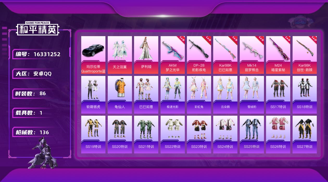 和平精英账号安卓QQ[16331252]【特价出售/店主推荐】安卓 手Q-2粉装-6特效枪-1载具-1粉色飞行器-41974热力值-9王牌印记-86套装-136枪皮
【热门品类】：套装-龟仙人
【粉色套装】：粉装-天之羽