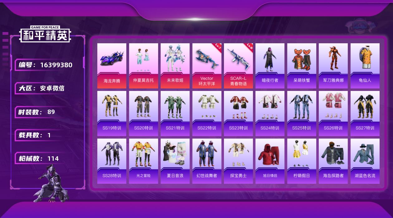 和平精英账号安卓微信[16399380]DAS8914有二次 安卓V-1载具2粉装2特效枪7热门89套装114枪皮 38070热力值 9印记 历史超级王牌3星  Vector-环太平洋 (7级) 
【1载具】 海龙奔腾 