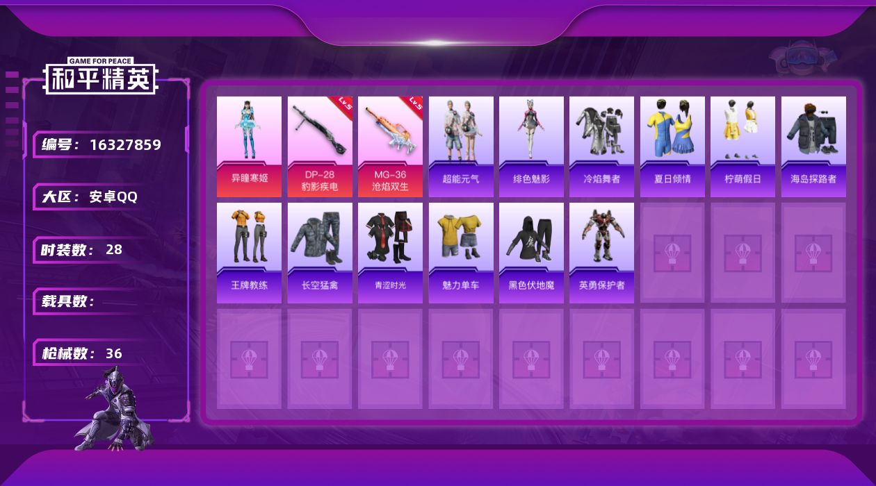 和平精英账号安卓QQ[16327859]【特价出售/店主推荐】安卓 手Q-1粉装-2特效枪--1粉色飞行器-1w热力值-28套装-36枪皮
【粉色套装】：角色-异瞳寒姬
【粉色枪皮等级】：DP-28-豹影疾电(五级)，M