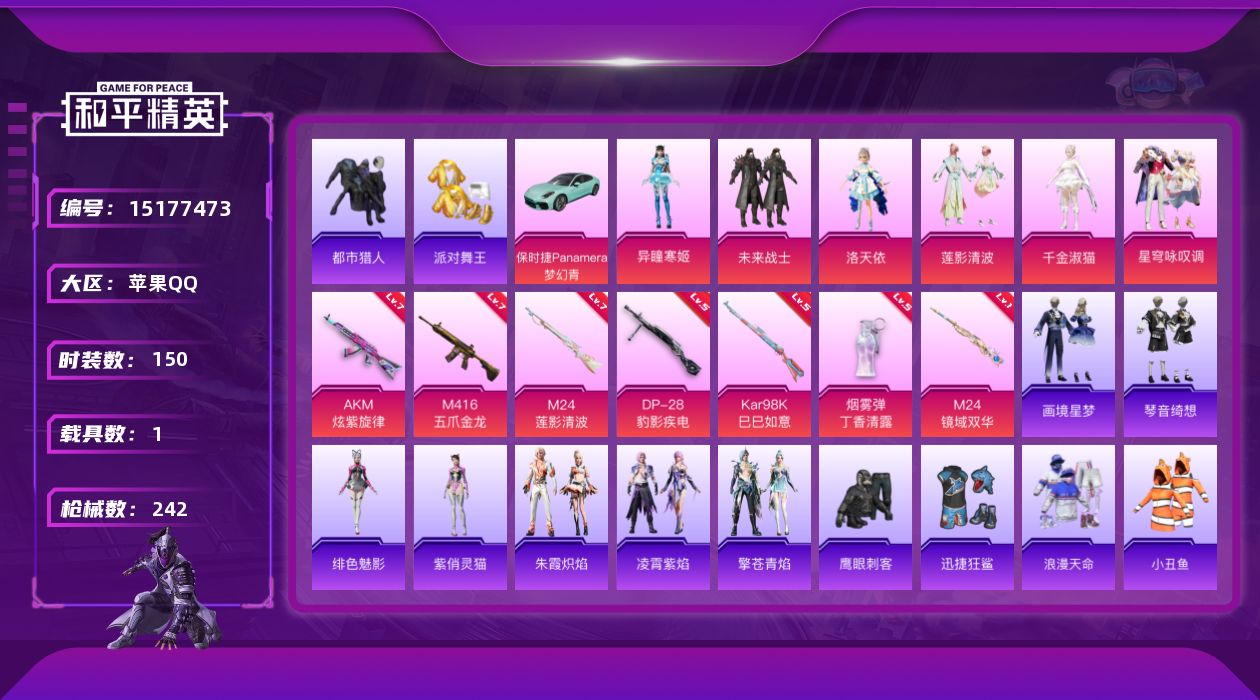 和平精英账号苹果QQ"DAS5361 (可二次实名) 苹果Q-4稀有1载具6粉装7特效枪8热门140套装230枪皮 74