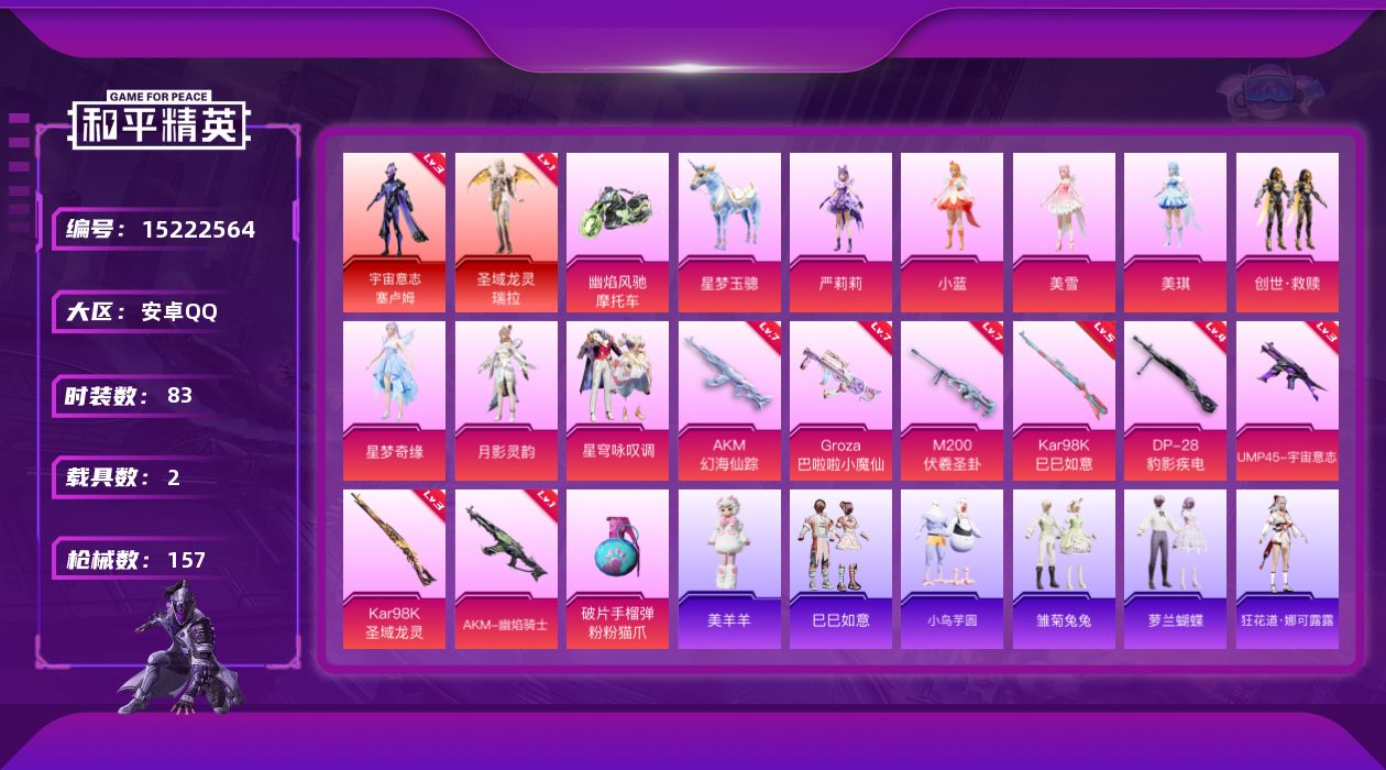 和平精英账号安卓QQ[15222564]"DAS7738 可二次 安卓Q-2红装2载具8粉装9特效枪1热门83套装157枪皮 58927热力值 1印记 历史超级王牌 圣域龙灵-瑞拉 (1级) 宇宙意志-塞卢姆 (3级) 