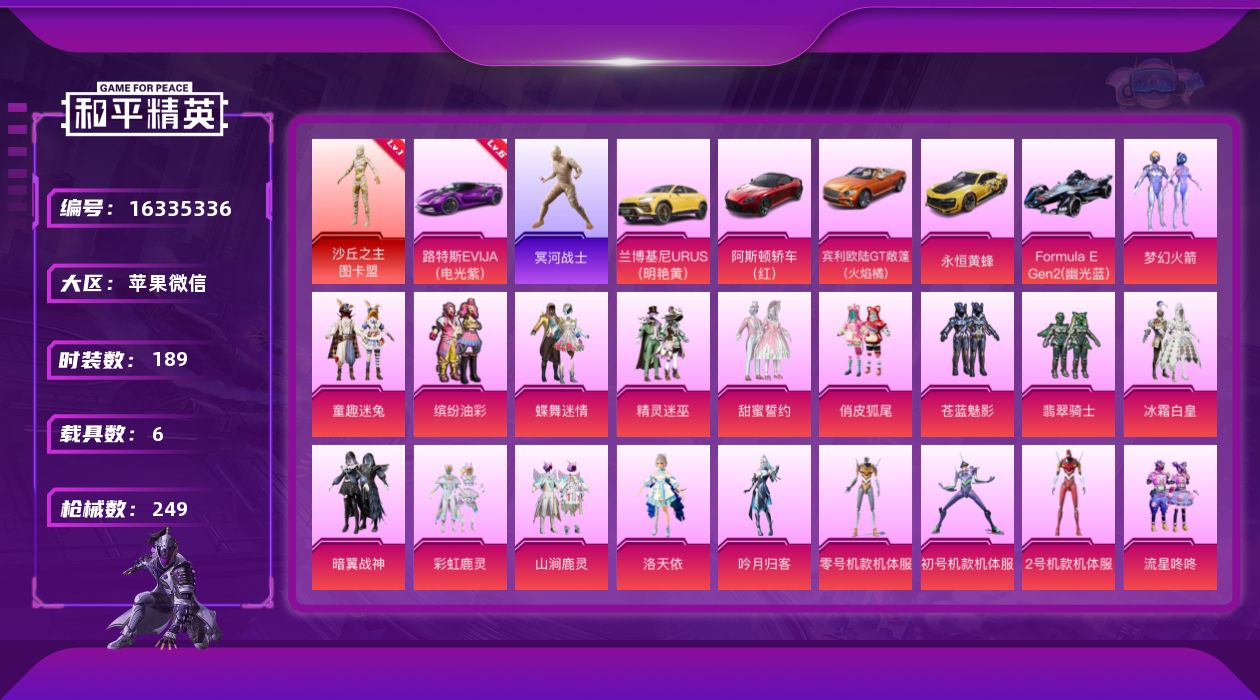 和平精英账号苹果微信[16335336]【特价出售/店主推荐】苹果 微信-无敌战神框-1神装-26粉装-9特效枪-6载具-5粉色飞行器-100523热力值-9王牌印记-189套装-249枪皮
【红色载具】：路特斯EVIJ