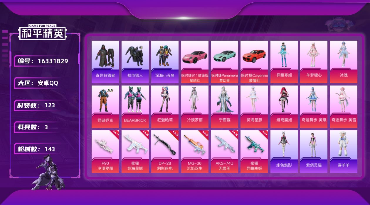 和平精英账号安卓QQ[16331829]【特价出售/店主推荐】 安卓 手Q-12粉装-6特效枪-3载具-3粉色飞行器-49785热力值-5王牌印记-123套装-143枪皮【热门品类】：粉装-怪诞乔克，套装-浪漫天命，套装