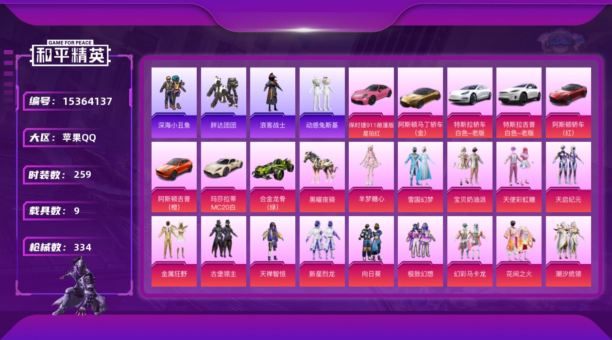 和平精英账号苹果QQ" DFZ283有二次钱包无法注销苹果Q-3稀有10载具22粉装17特效枪43热门259套装334枪