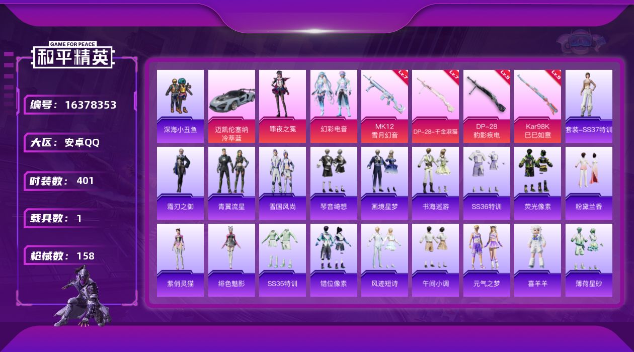 和平精英账号安卓QQ[16378353]实名: 可修改 时装数: 401 载具数: 1 枪械数: 158 战备数: 12