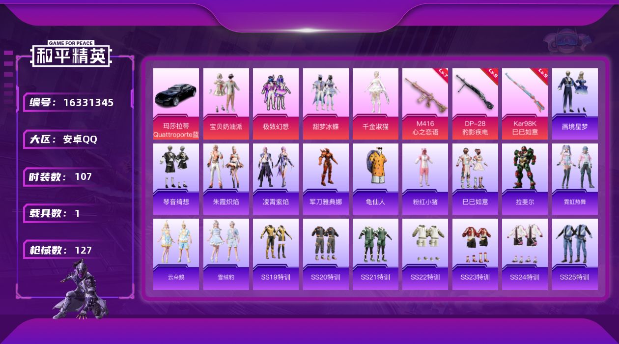 和平精英账号安卓QQ[16331345]【特价出售/店主推荐】安卓 手Q-4粉装-3特效枪-1载具-0粉色飞行器-38369热力值-11王牌印记-107套装-127枪皮
【热门品类】：角色-军刀雅典娜，套装-龟仙人，套装