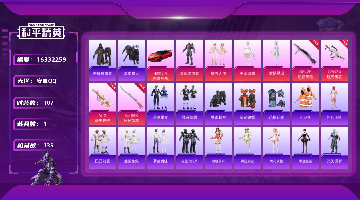 和平精英账号安卓QQ[16332259]【特价出售/店主推荐】 安卓 手Q-4粉装-4特效枪-1载具-1粉色飞行器-41656热力值-5王牌印记-107套装-139枪皮【热门品类】：套装-都市猎人，套装-小丑鱼，套装-奇