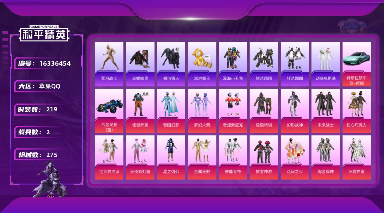 和平精英账号苹果QQ[16336454]可二次【特价出售/店主推荐】苹果 手Q-无敌战神框-26粉装-9特效枪-2载具-5粉色飞行器-106347热力值-16王牌印记-219套装-275枪皮
【热门品类】：粉装-怪诞乔克