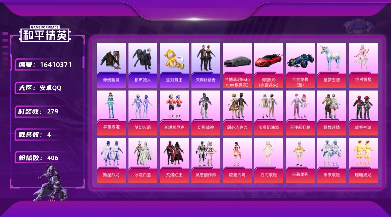 和平精英账号安卓QQDAS8947有二次 安卓Q-6稀有4载具29粉装26特效枪17热门279套装406枪皮 14272