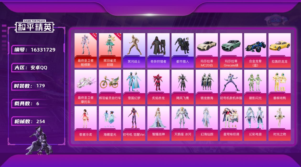 和平精英账号安卓QQ[16331729]【特价出售/店主推荐】素材身法号/老木乃伊/扭蛋碎片624安卓 手Q-2神装-21粉装-14特效枪-6载具-13粉色飞行器-97518热力值-16王牌印记-179套装-254枪皮
