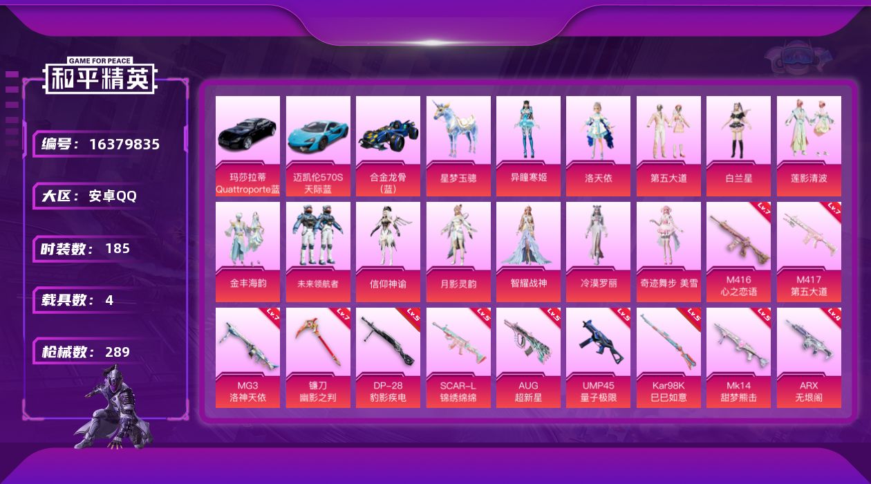 和平精英账号安卓QQ[16379835]【店主推荐捡漏号！可直接换绑】安卓 手Q-12粉装-18特效枪-4载具-10粉色飞行器-104516热力值-12王牌印记-185套装-289枪皮
【热门品类】：角色-军刀雅典娜，套