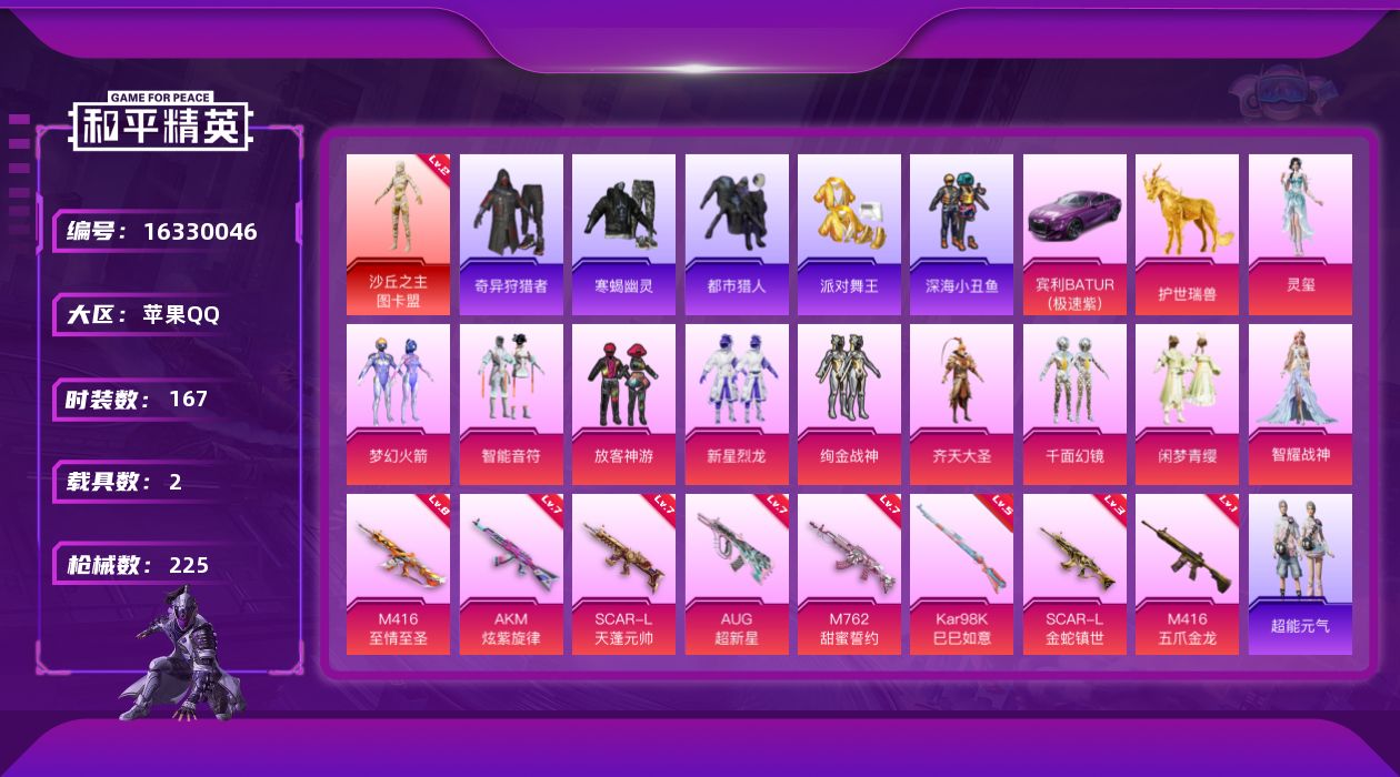 和平精英账号苹果QQ[16330046]【特价出售/店主推荐最性价比】苹果 手Q-1神装-10粉装-8特效枪-2载具-5粉色飞行器-81622热力值-17王牌印记-167套装-225枪皮
【红色神装等级】：沙丘之主-图卡