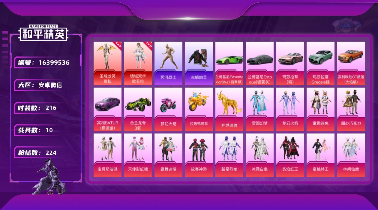 和平精英账号安卓微信DAS8917 有二次安卓V-2红装3稀有10载具25粉装7特效枪23热门216套装224枪皮 91