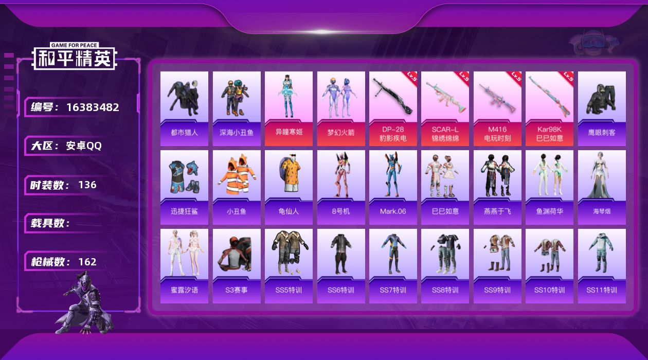 和平精英账号安卓QQ[16383482]【店主推荐捡漏号！可直接换绑】安卓 手Q-2粉装-4特效枪-0载具-1粉色飞行器-44909热力值-8王牌印记-136套装-162枪皮【热门品类】：粉装-梦幻火箭，套装-都市猎人，