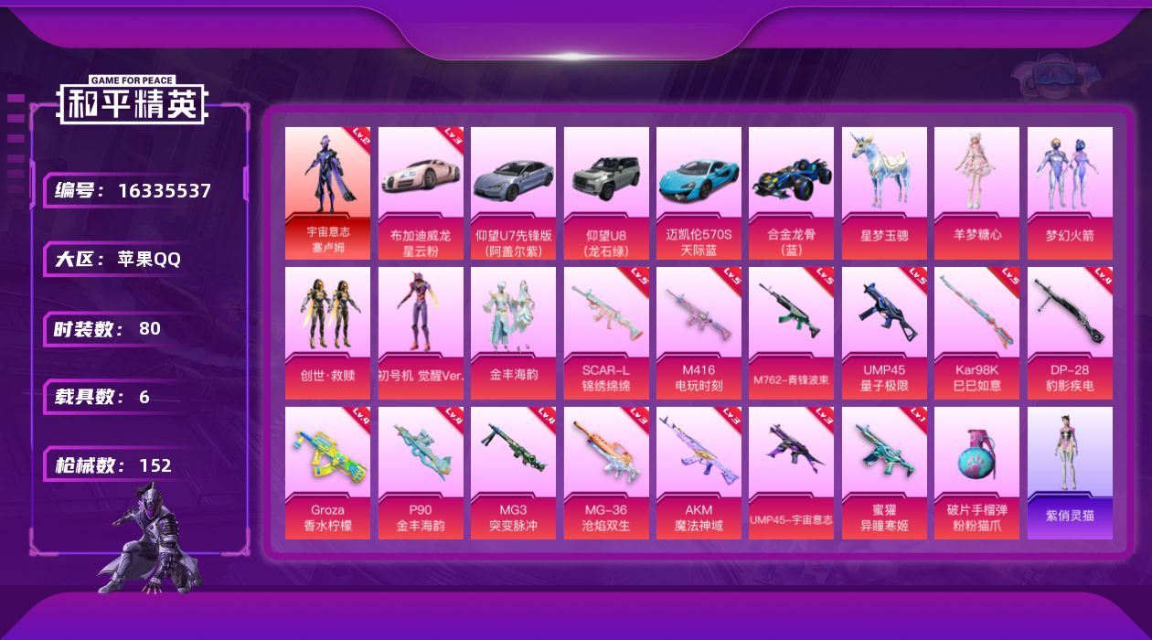 和平精英账号苹果QQ[16335537]【店主推荐捡漏号！可直接换绑】苹果 手Q-1神装-5粉装-14特效枪-6载具-2粉色飞行器-57629热力值-5王牌印记-80套装-152枪皮
【红色载具】：布加迪威龙（星云粉）(