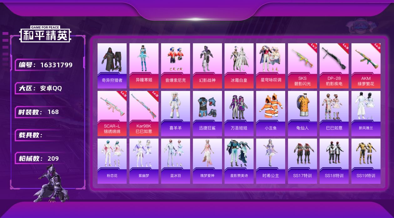 和平精英账号安卓QQ[16331799]【特价出售/店主推荐】安卓 手Q-5粉装-5特效枪-0载具-3粉色飞行器-63992热力值-4王牌印记-168套装-209枪皮【热门品类】：粉装-音爆索尼克，套装-小丑鱼，套装-奇
