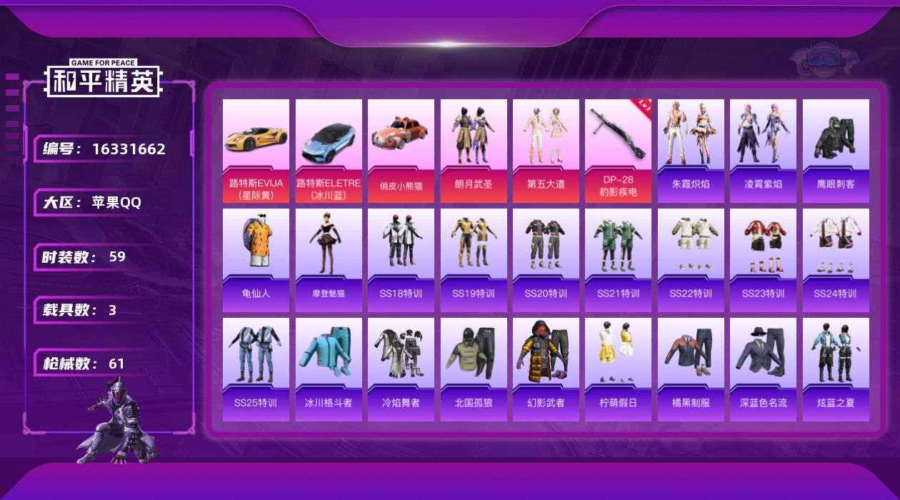 和平精英账号苹果QQ[16331662]【特价出售/店主推荐】苹果 手Q-2粉装-1特效枪-3载具-0粉色飞行器-20769热力值-5王牌印记-59套装-61枪皮
【热门品类】：套装-龟仙人
【粉色套装】：粉装-朗月武圣