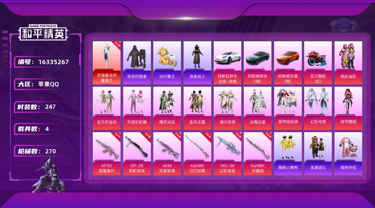 和平精英账号苹果QQ[16335267]【特价出售/店主推荐】苹果 手Q-1神装-10粉装-6特效枪-4载具-4粉色飞行器-94680热力值-13王牌印记-247套装-270枪皮
【红色神装等级】：灵猫魔法师-塞维尔(二