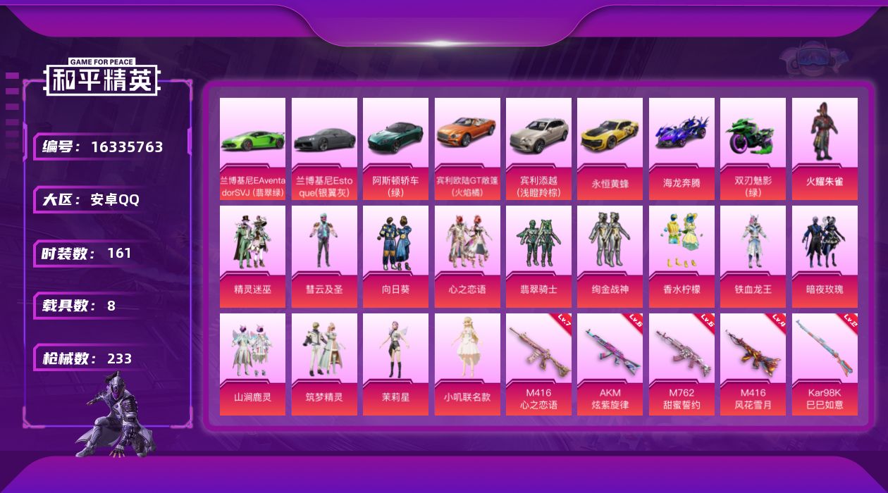 和平精英账号安卓QQ[16335763]【特价出售/店主推荐】安卓 手Q-14粉装-5特效枪-8载具-2粉色飞行器-8.4w热力值-4王牌印记-161套装-233枪皮
【热门品类】：套装-潮萌小黄鸭
【粉色套装】：粉装-