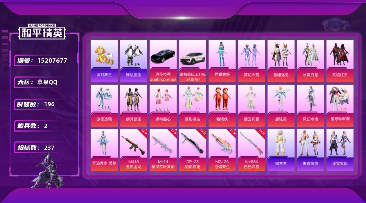 和平精英账号苹果QQ[15207677]"DAS7339 可二次 苹果Q-3稀有2载具15粉装5特效枪14热门196套装236枪皮 79476热力值 13印记 历史卓越王牌19星 浪漫天命 派对舞王（金靴子）  梦幻火箭