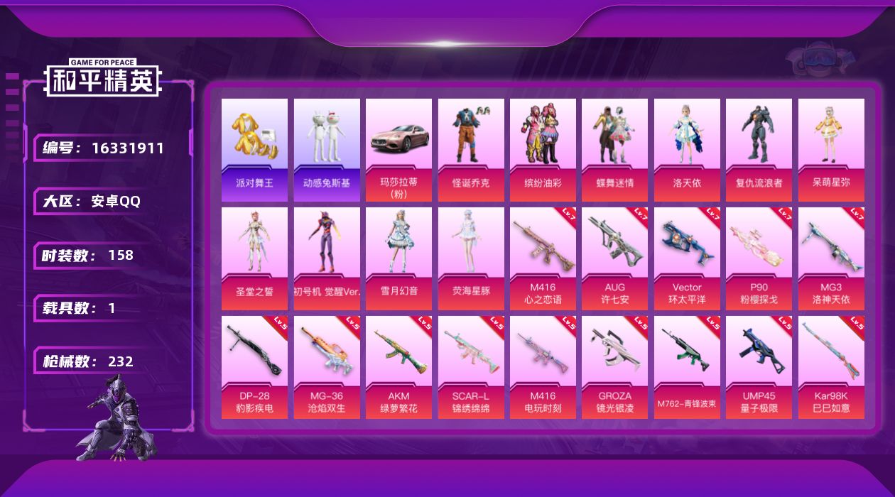 和平精英账号安卓QQ[16331911]【特价出售/店主推荐】安卓 手Q-10粉装-16特效枪-1载具-3粉色飞行器-76726热力值-12王牌印记-158套装-232枪皮【热门品类】：粉装-怪诞乔克，粉装-缤纷油彩，套