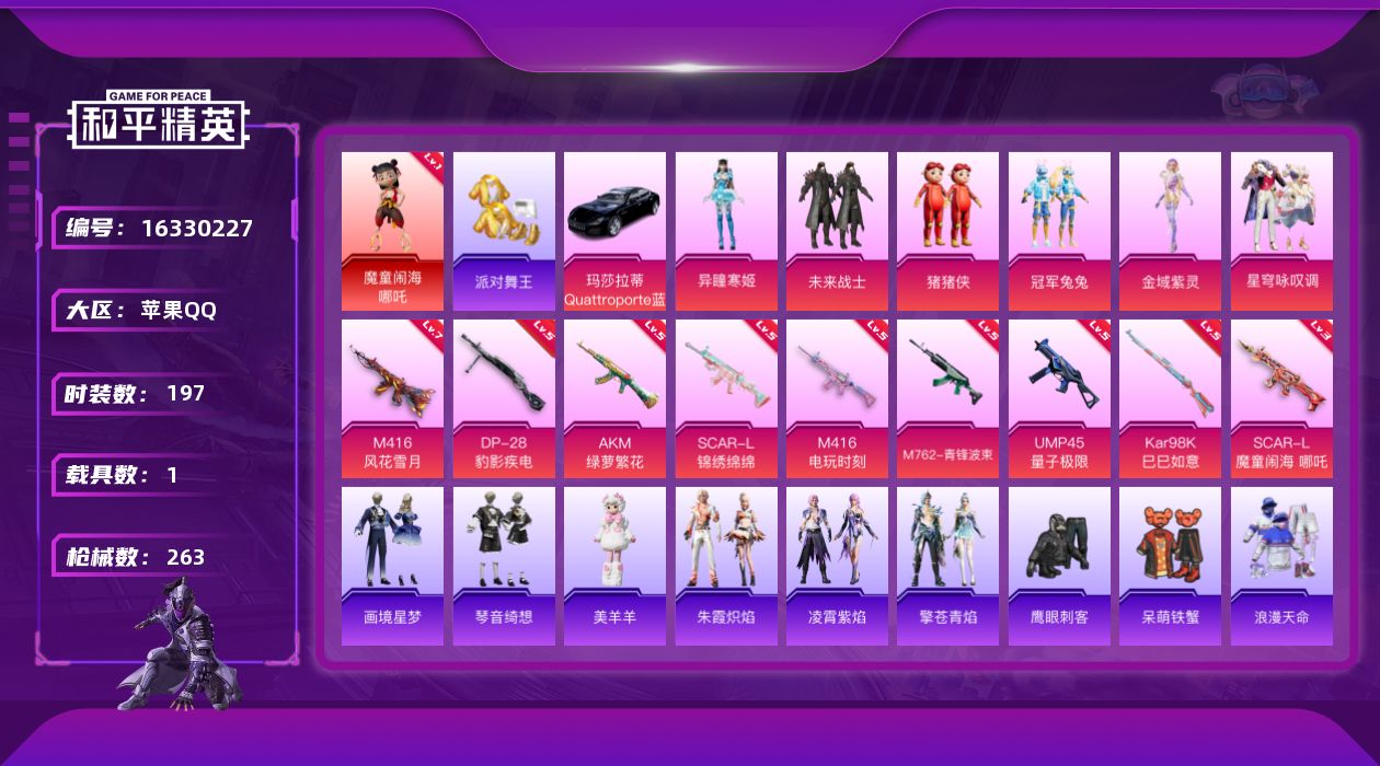 和平精英账号苹果QQ[16330227]【特价出售/店主推荐最性价比】苹果 手Q-1神装-6粉装-9特效枪-1载具-5粉色飞行器-79387热力值-16王牌印记-197套装-263枪皮
【红色神装等级】：魔童闹海-哪吒(