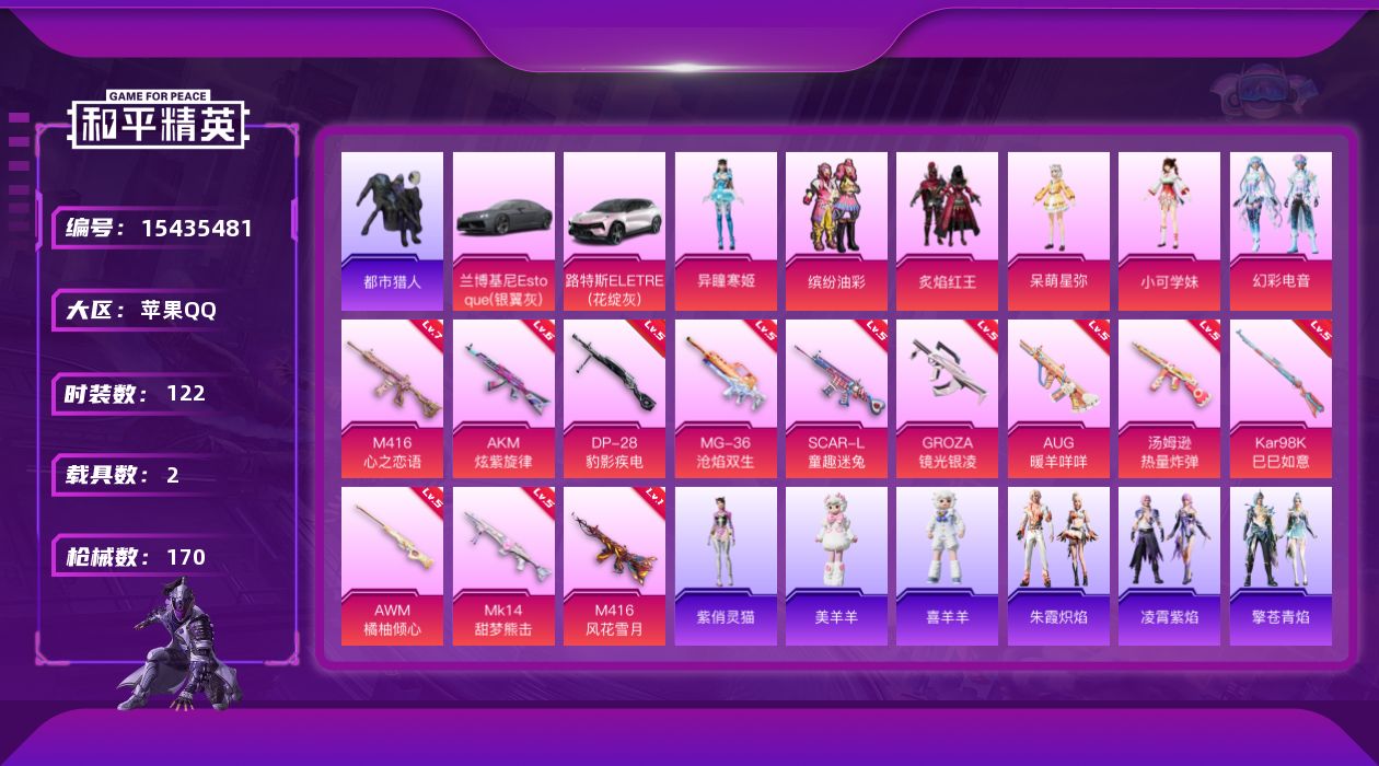 和平精英账号苹果QQ" DFX193有二次苹果Q-3稀有2载具6粉装12特效枪11热门122套装170枪皮 60675热