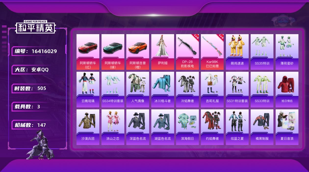 和平精英账号安卓QQ[16416029]时装数: 130 载具数: 3 枪械数: 146 战备数: 118 热门装扮: 