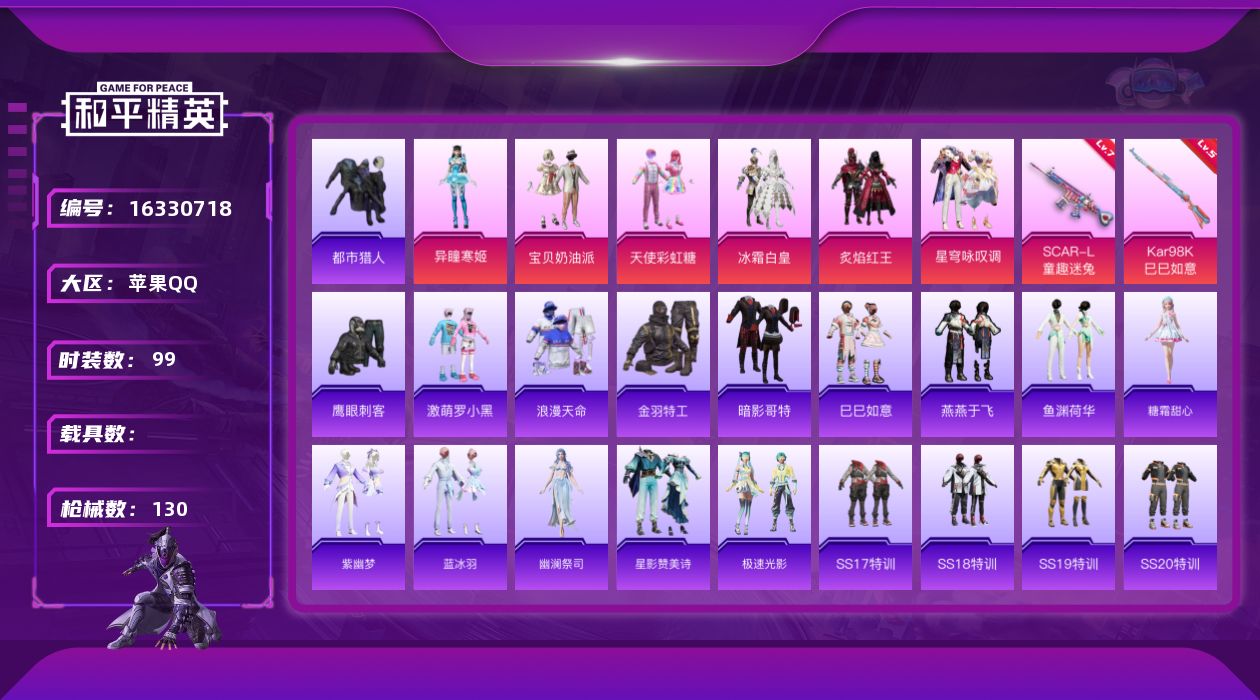 和平精英账号苹果QQ[16330718]【特价出售/店主推荐】苹果 手Q-无敌战神框-6粉装-2特效枪-0载具-2粉色飞行器-41221热力值-7王牌印记-99套装-130枪皮
【热门品类】：套装-浪漫天命，套装-都市猎
