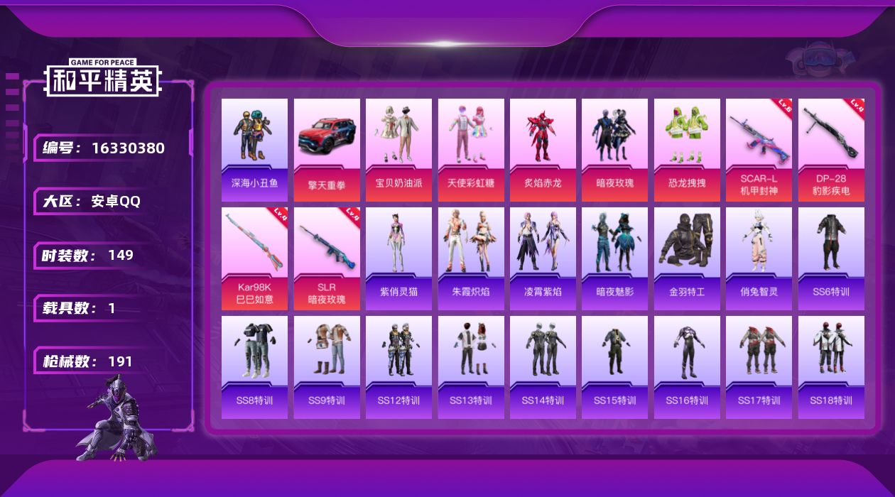 和平精英账号安卓QQ[16330380]【特价出售/店主推荐】安卓 手Q-5粉装-4特效枪-1载具-3粉色飞行器-59813热力值-1王牌印记-149套装-191枪皮
【热门品类】：套装-深海小丑鱼，套装-金羽特工
【粉