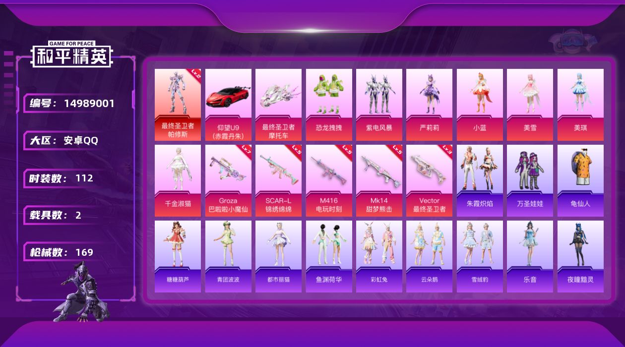 和平精英账号安卓QQ[14989001]TY510-安卓手Q-可二次-1神装-7粉装-5特效枪-2载具-4粉色飞行器-55033热力值-1王牌印记-112套装-169枪皮
【红色神装等级】：最终圣卫者-帕修斯(二级)
【