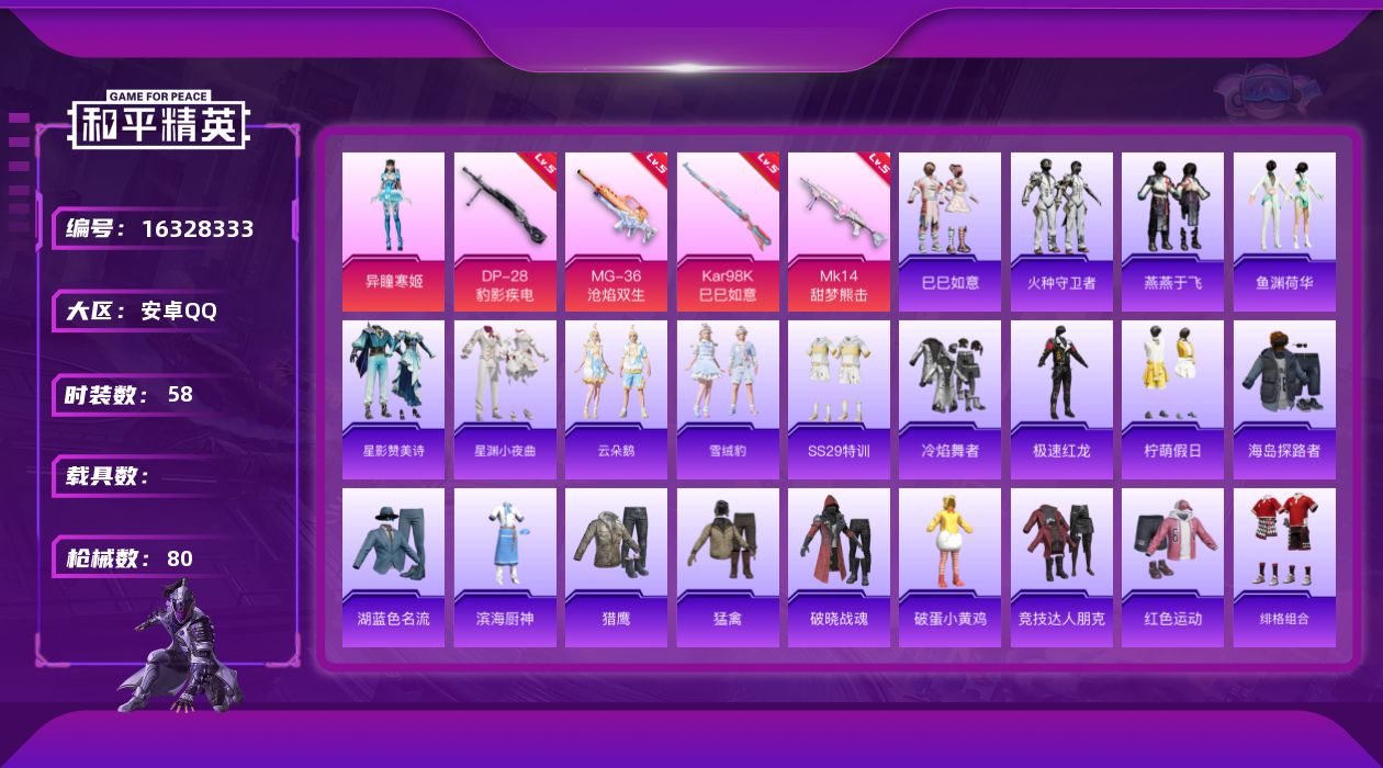 和平精英账号安卓QQ[16328333]安卓 手Q-1粉装-4特效枪-0载具-1粉色飞行器-21170热力值-5王牌印记-58套装-80枪皮
【粉色套装】：角色-异瞳寒姬
【粉色枪皮等级】：Kar98K-巳巳如意(五级)