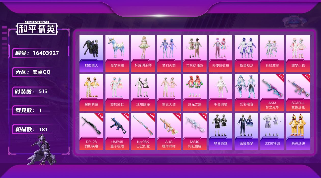 和平精英账号安卓QQ[16403927]【钱包无法注销，不影响账号安全和游戏！】实名: 可修改 时装数: 513 载具数