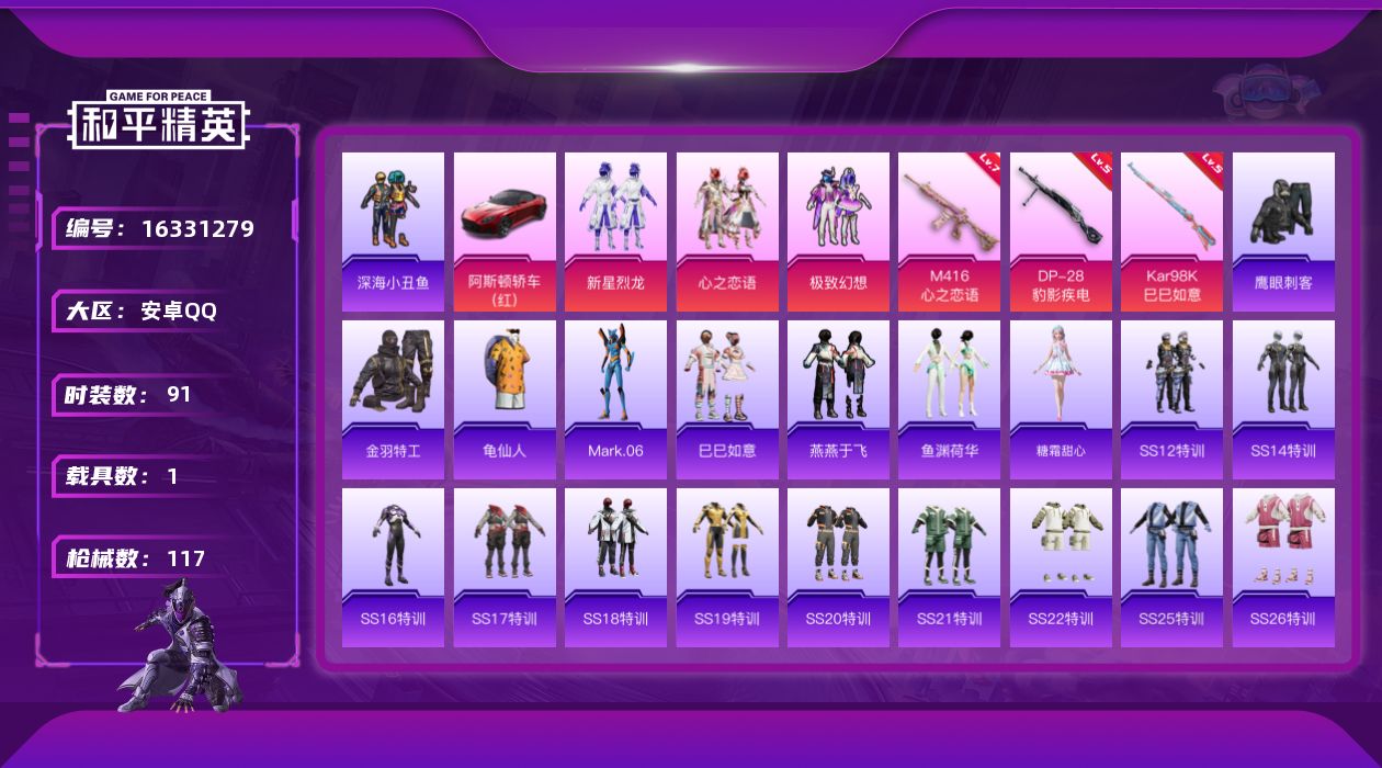 和平精英账号安卓QQ[16331279]【特价出售/店主推荐】安卓 手Q-3粉装-4特效枪-1载具-3.8w热力值-9王牌印记-91套装-117枪皮
【热门品类】：套装-深海小丑鱼，套装-金羽特工，套装-龟仙人，角色-M