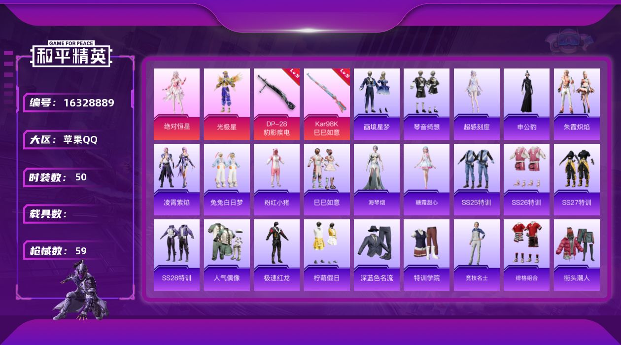 和平精英账号苹果QQ[16328889]【特价出售/店主推荐】苹果 手Q-3粉装-2特效枪-0载具-0粉色飞行器-17719热力值-1王牌印记-50套装-59枪皮
【热门品类】：套装-粉红小猪
【粉色套装】：角色-绝对恒