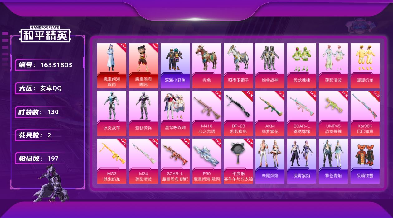 和平精英账号安卓QQ[16331803]安卓 手Q-2神装-7粉装-11特效枪-2载具-4粉色飞行器-67208热力值-11王牌印记-130套装-197枪皮
【红色神装等级】：魔童闹海-敖丙(一级)，魔童闹海-哪吒(一级