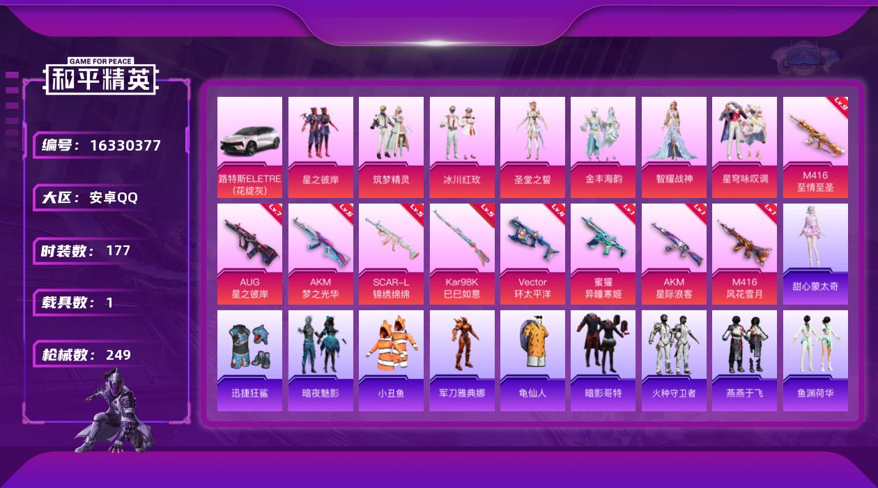 和平精英账号安卓QQ[16330377]【特价出售/店主推荐】安卓 手Q-7粉装-9特效枪-1载具-2粉色飞行器-78867热力值-13王牌印记-177套装-249枪皮
【热门品类】：套装-小丑鱼，角色-军刀雅典娜，套装