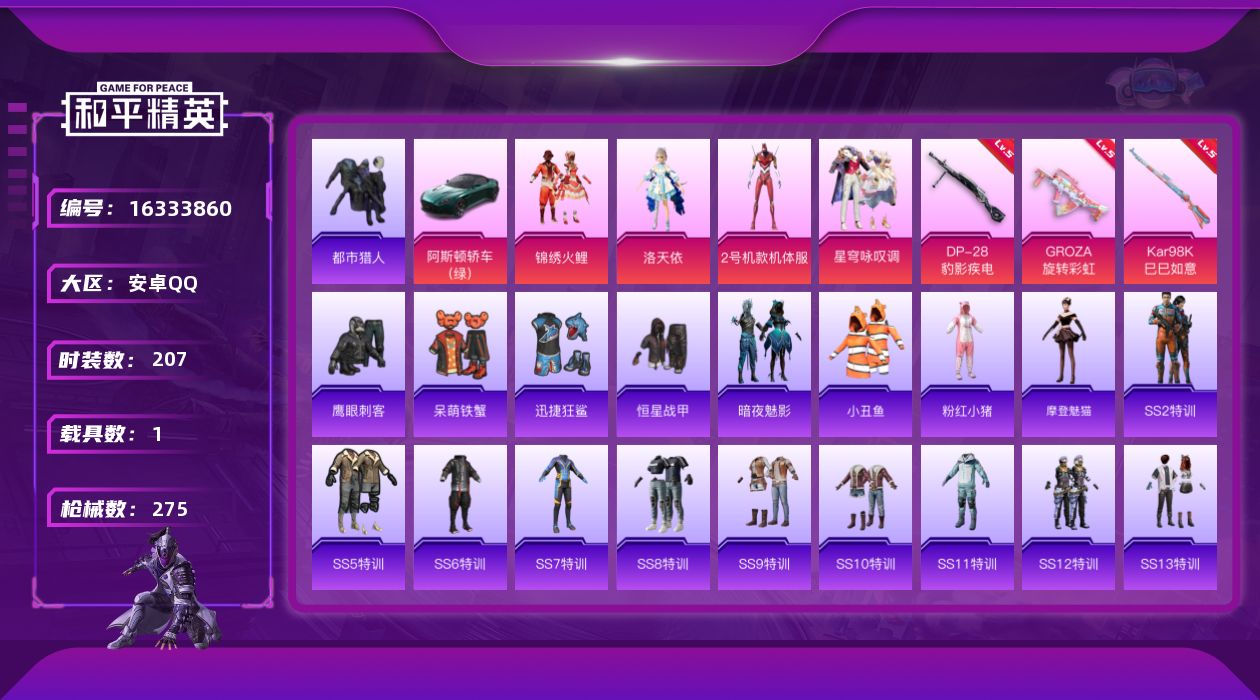 和平精英账号安卓QQ[16333860]【特价出售/店主推荐】 安卓手Q-无敌战神框-4粉装-3特效枪-1载具-2粉色飞行器-81180热力值-14王牌印记-207套装-275枪皮【热门品类】：套装-都市猎人，套装-小丑