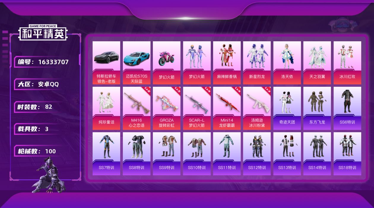 和平精英账号安卓QQ[16333707]【店主推荐捡漏号！可直接换绑】安卓 手Q-7粉装-5特效枪-3载具-2粉色飞行器-39776热力值-1王牌印记-82套装-100枪皮
【热门品类】：粉装-梦幻火箭
【粉色套装】：粉